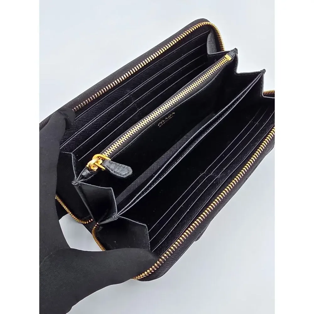 Prada Saffiano Fiocco Bow Zip Around Wallet Black Leather Gold Logo Italy